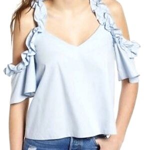Light Blue Ruffle Cold Shoulder Top